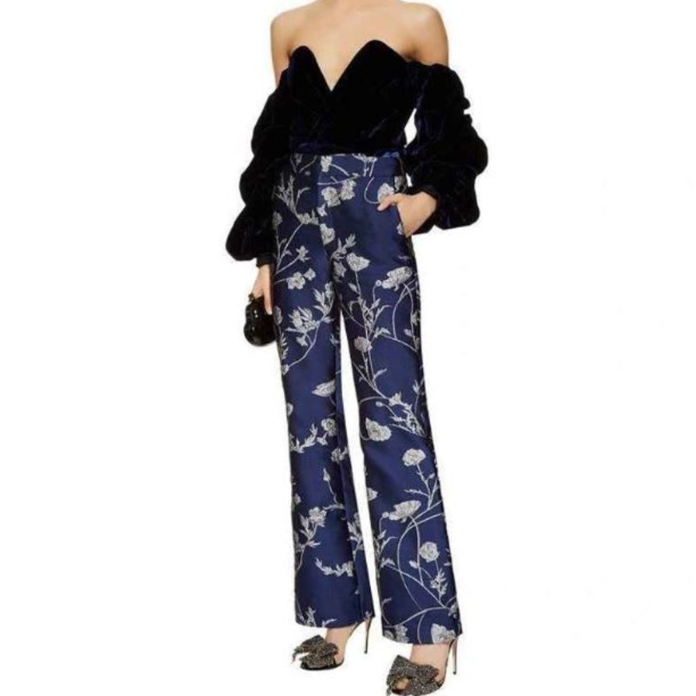 JOHANNA ORTIZ Arina Metallic Jacquard Trousers, Blue & Silver, sz: US 6 M